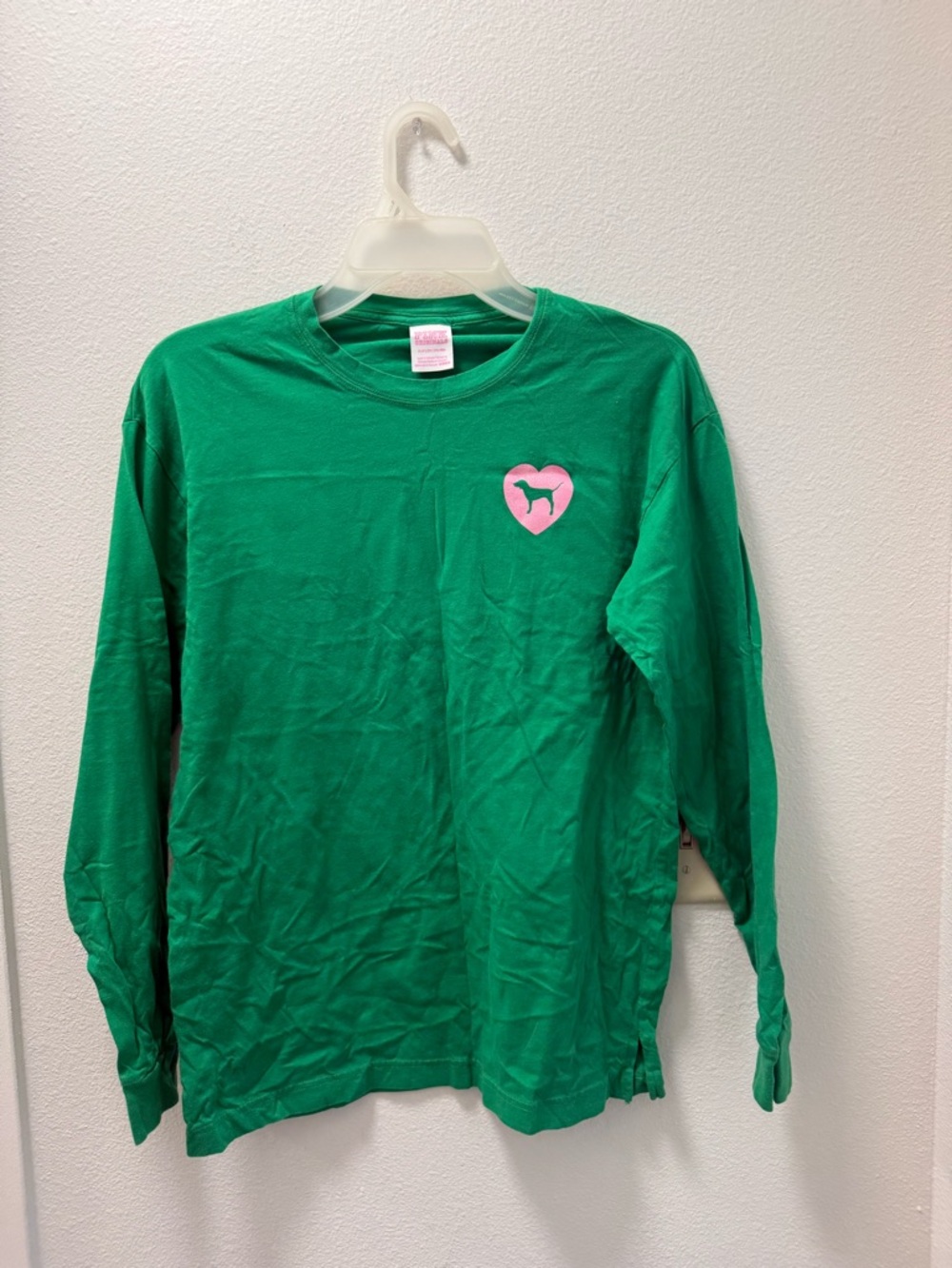 PINK Victoria's Secret Green Long-Sleeve Tee with Pink Heart Dog Logo